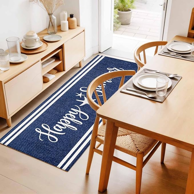 Runner Rug for Bedroom Hallway, Happy Summer Quote Ocean Starfish Kitchen Runner Rugs Area Rug 2x6ft, Navy Blue Stripe Denim Texture Washable Soft Floor Carpet for Entryway Stair