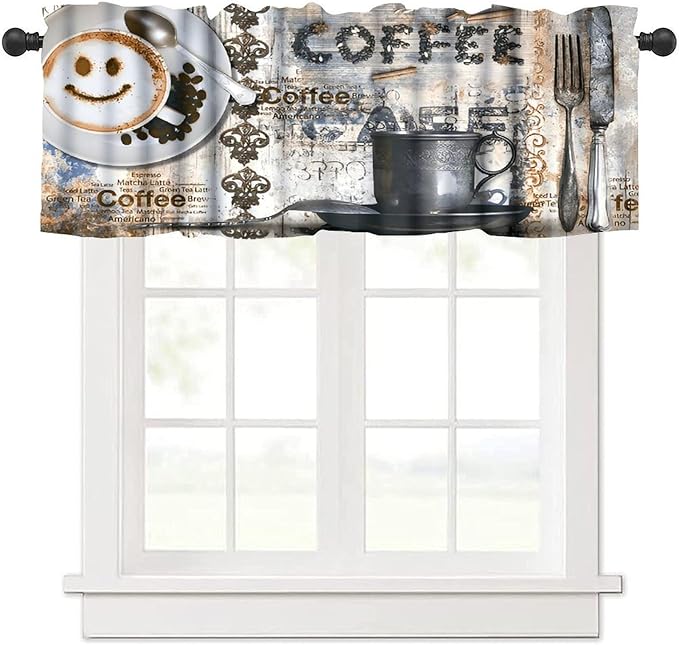 Retro Coffee Valance Curtain, Smiley Latte Art Coffee Typography Cups Wooden Farmhouse Small Window Treatment for Kitchen Cafe Bedroom Dining Living Room Home Decor, 54x18Inch