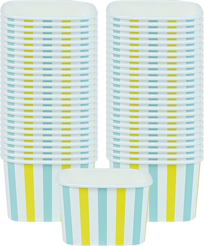 Coppetta 12 Ounce Dessert Cups, 50 Greaseproof Ice Cream Cups - Lids Sold Separately, For Hot And Cold Foods, Blue And Green Stripe Paper Yogurt Bowls, Disposable, Sturdy - Restaurantware