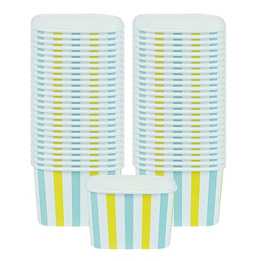 Restaurantware Paper Cups 200 Count 12 Ounce Square Disposable Ice Cream Containers, Leak-Resistant Paper Dessert To Go Cups, Hot And Cold Food, Durable Blue And Green Stripe Design