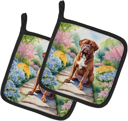 Caroline's Treasures Dogue de Bordeaux Spring Path Pair of Pot Holders Kitchen Heat Resistant Pot Holders Sets Oven Hot Pads for Cooking Baking BBQ, 7 1/2 x 7 1/2