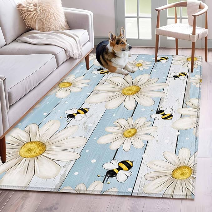 Area Rug 4x6ft, Watercolor White Daisy Floral Bee Washable Rugs for Living Room Bedroom, Rustic Light Blue Wood Plank Soft Non-Slip Area Rugs Rectangle Floor Carpet for Dining Room