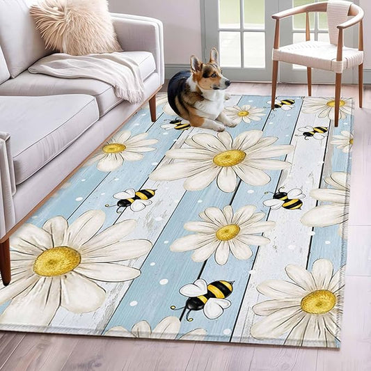 Area Rug 4x6ft, Watercolor White Daisy Floral Bee Washable Rugs for Living Room Bedroom, Rustic Light Blue Wood Plank Soft Non-Slip Area Rugs Rectangle Floor Carpet for Dining Room