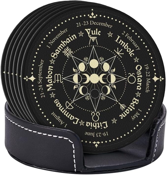 Mystic Witchy Leather Drinks Coasters with Holder, Set of 6, Suitable for Various Cups