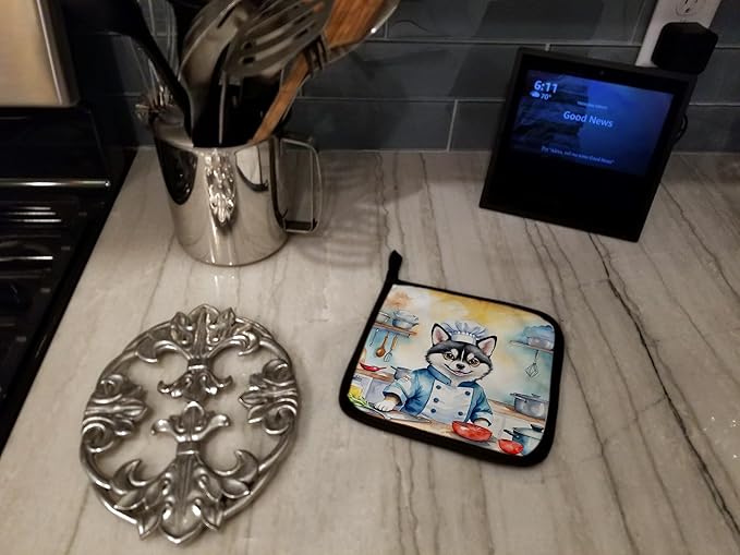 Caroline's Treasures Alaskan Klee Kai The Chef Pair of Pot Holders Kitchen Heat Resistant Pot Holders Sets Oven Hot Pads for Cooking Baking BBQ, 7 1/2 x 7 1/2