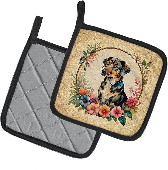 Caroline's Treasures Catahoula Leopard Dog and Flowers Pair of Pot Holders Kitchen Heat Resistant Pot Holders Sets Oven Hot Pads for Cooking Baking BBQ, 7 1/2 x 7 1/2