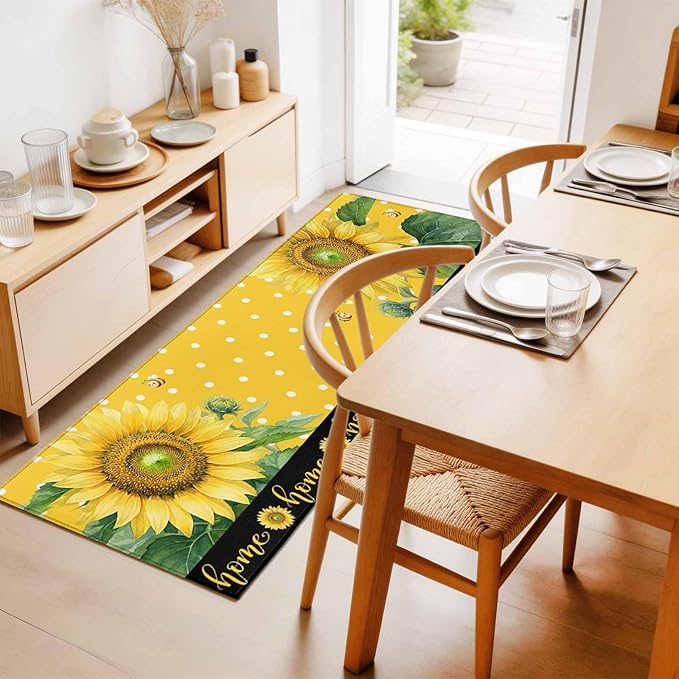 Runner Rug for Bedroom Hallway, Summer Watercolor Sunflowers Bees Kitchen Runner Rugs Area Rug 2x6ft, Farmhouse Floral Art Washable Soft Floor Carpet for Entryway Stair