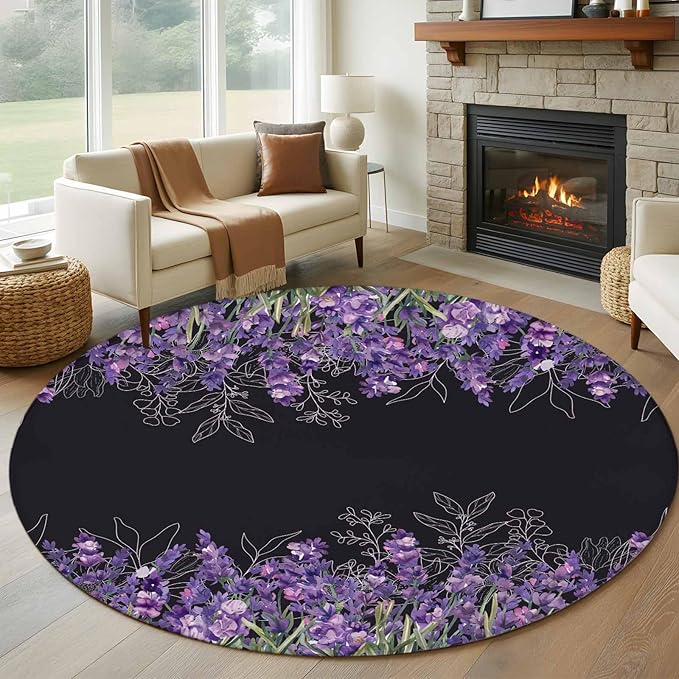 Washable Round Area Rug Spring Purple Lavender Flower Circle Rugs Floor Carpet for Living Room Bedroom, Watercolor Floral on Black Soft Non Slip Round Rug 5ft
