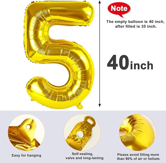 5 Balloon Number Gold Party Decorations for Girl Boys, 40 In Big Five Balloons for Engagement, Wedding, Celebration Party, Graduations, Photo Shoot