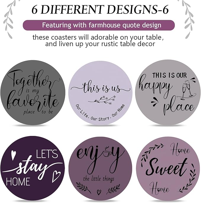 Queekay Coasters Set of 6 House Warming Gifts New Home Wooden Farmhouse Drink Coasters with Holder 4'' Funny Decoration for Kitchen Family Coffee Bar Tabletop Protection(Purple)