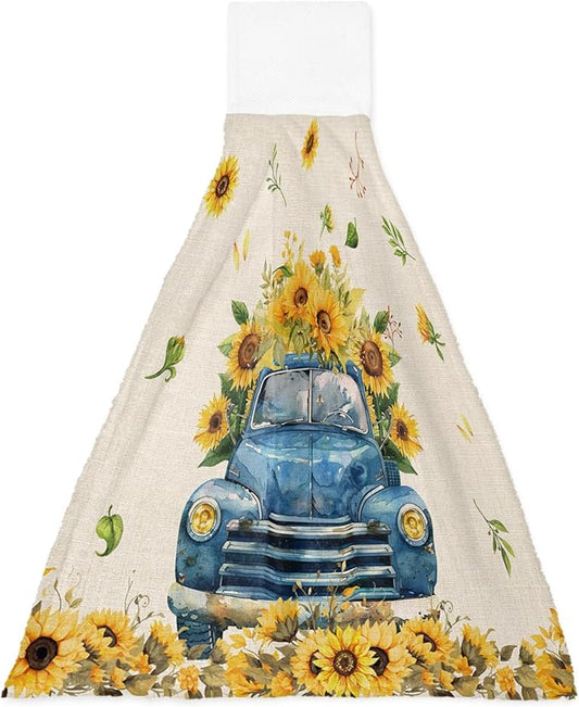 Alandar Home Kitchen Tie Towel Set of 1, Spring Farm Sunflower Blue Truck Absorbent Soft Hand Towels for Bathroom Hanging Towels, Blossom Floral on Linen Fast Drying Cleaning Cloth with Loop