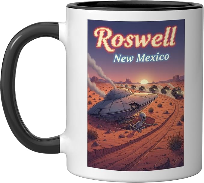 Roswell New Mexico UFO Crash in the Desert Alien Souvenir Ceramic Mug, Black/White