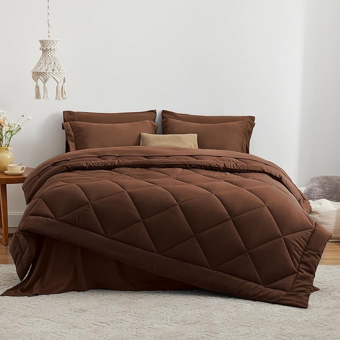 Love's cabin Full Comforter Set Brown, 7 Pieces Full Bed in a Bag, All Season Bedding Sets with 1 Comforter, 1 Flat Sheet, 1 Fitted Sheet, 2 Pillowcase and 2 Pillow Sham | Soft, Breathable, Lightweight, Comfortable
