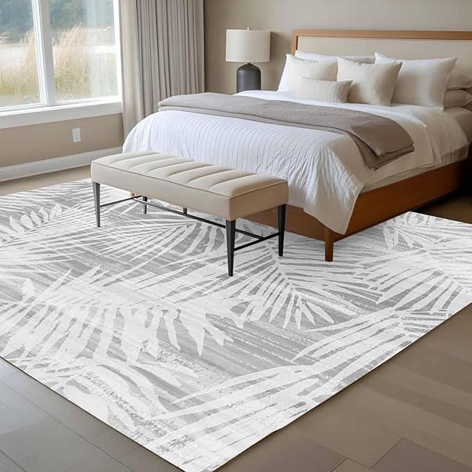 Area Rug 9x12ft, Modern Gray Palm Leaves Washable Rugs for Living Room Bedroom Rectangle Floor Carpet, Boho Tropical Leaves Soft Non-Slip Area Rugs for Dining Room