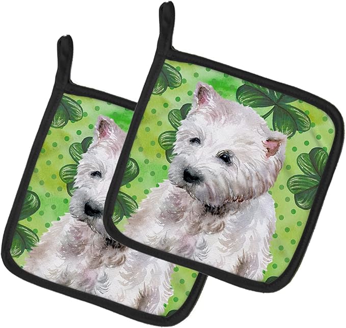 Caroline's Treasures BB9875PTHD Westie St Patrick's Pair of Pot Holders, Green Kitchen Heat Resistant Pot Holders Sets Oven Hot Pads for Cooking Baking BBQ, 7 1/2 x 7 1/2