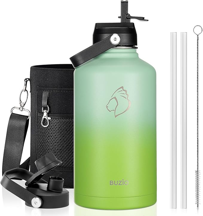 BUZIO 64oz Insulated Water Bottle, Triple Wall Stainless Steel (Cold for 48 Hrs) Leakproof Half gallon Jug/Flask with Straw Lid and Carry Bag for Sports Hiking, Camping, Gradient Green