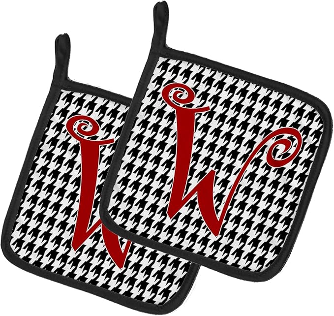 Caroline's Treasures CJ1035-WPTHD Letter W Initial Monogram - Houndstooth Black Pair of Pot Holders Kitchen Heat Resistant Pot Holders Sets Oven Hot Pads for Cooking Baking BBQ, 7 1/2 x 7 1/2