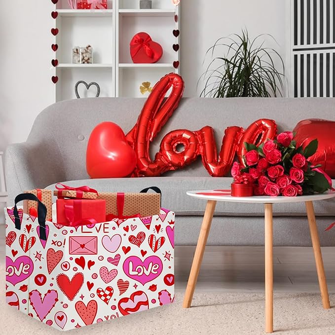 Rectangular Valentines Basket,baby Gift Basket Empty,Pink Gift baskets with Handle Organizer,Heart Print easter Baskets,Girl Room Decor(Grid love)