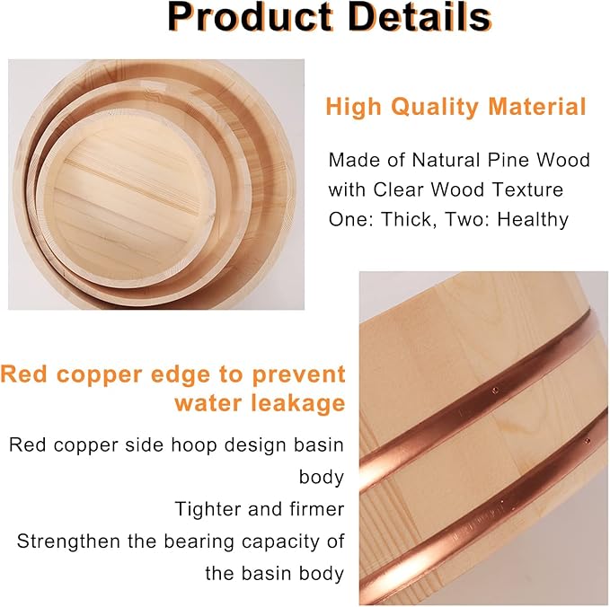 Sushi Rice Bowl with Spoon Wooden Hangiri Sushi Oke Rice Mixing Bucket for Knead The Dough Place Cooked Dishes and Mixed Sushi Rice Family Restaurant Kitchens Best Choice 42cm (52cm)
