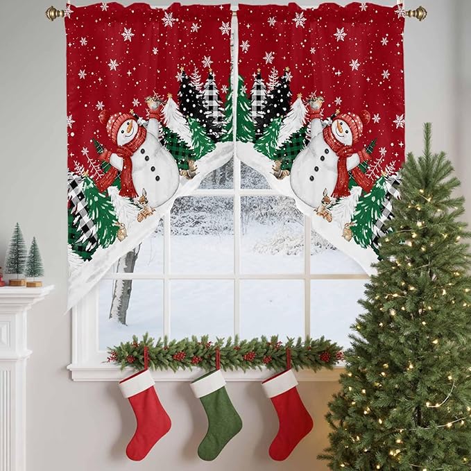 Christmas Snowman Swag Valance Curains Winter Xmas Tree Snowflakes Black Plaid Rod Pocket Kitchen Curtains Scalloped Window Treatment Valances Swag for Living Room Bedroom, 1 Pair, 36"W x 45"L