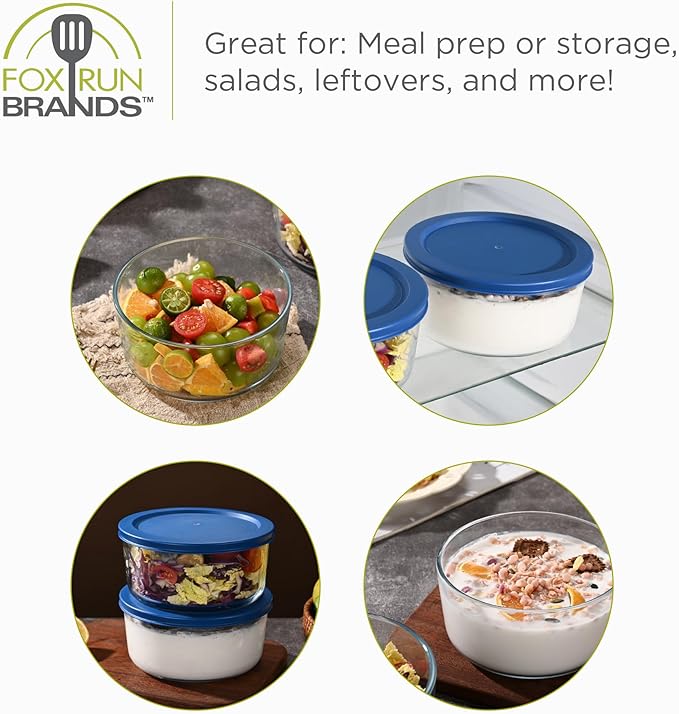 Fox Run Glass Yogurt Containers with Lids, Set of 2 Glass Bowls for Yogurt, Salads and Leftovers, 1 Quart Capacity Each