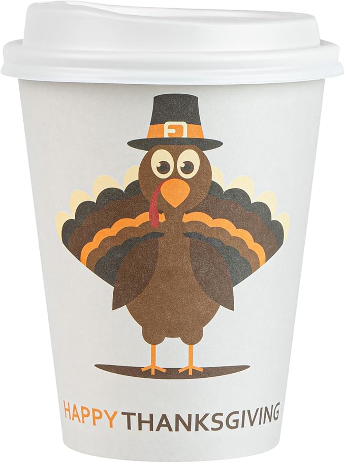 Restaurantware-Restpresso 12 Ounce Thanksgiving Party Cups, 400 Disposable Hot Cups With Plastic Lids - Turkey Design, Rolled Rim, Paper Coffee Cups, Single Wall, Serve Hot And Cold Drinks