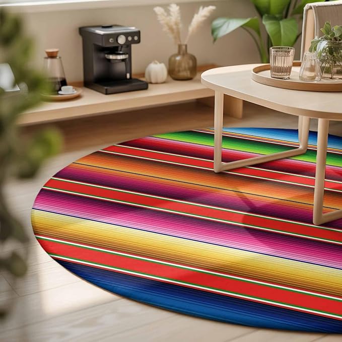 Washable Round Area Rug Mexican Stripes Vintage Ethnic Circle Rugs Floor Carpet for Living Room Bedroom, Native American Stripe Soft Non Slip Round Rug 3ft
