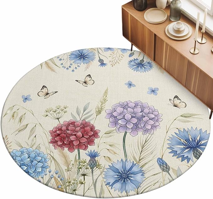 Washable Round Area Rug Spring Watercolor Garden Flower Circle Rugs Floor Carpet for Living Room Bedroom, Hydrangea Floral on Burlap Soft Non Slip Round Rug 3ft