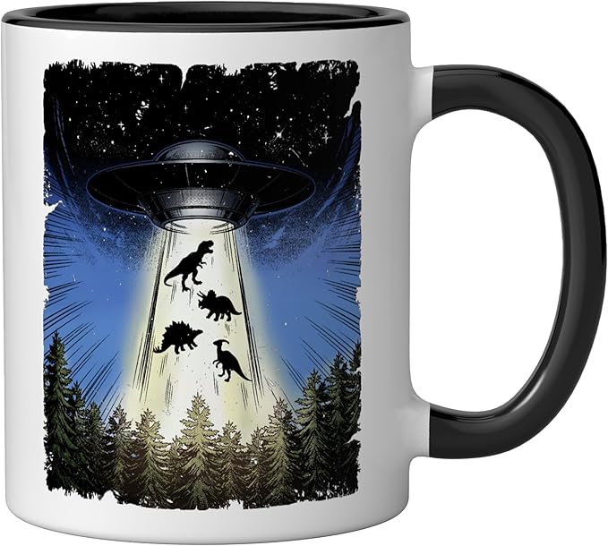 UFO Dinosaur Alien Abduction Flying Saucer Conspiracy Ceramic Mug, Black/White