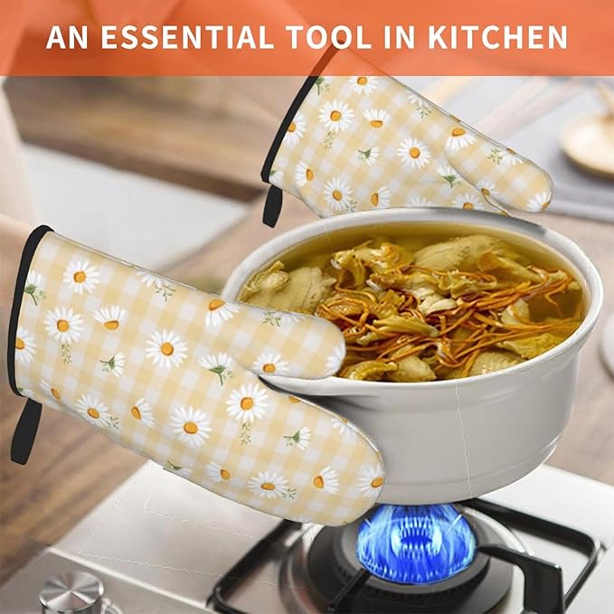 Daisy Flower Oven Mitts of 2 Pack, Funny Kitchen Gloves Heat Resistant Non-Slip Kitchen Mitts for Cooking Baking Grilling