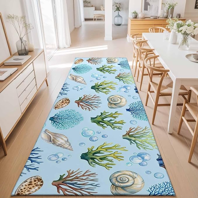 Runner Rug for Bedroom Hallway, Coastal Shell Coral Bubble Kitchen Runner Rugs Area Rug 2x6ft, Nautical Ocean Blue Underwater Scene Washable Soft Floor Carpet for Entryway Stair