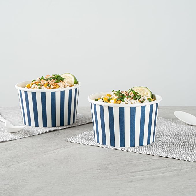 Restaurantware Coppetta 12 Ounce Dessert Cups, 50 Disposable Ice Cream Cups - Lids Sold Separately, Sturdy, Blue And White Paper FroYo Bowls, Striped, For Hot And Cold Foods, Perfect For Gelato