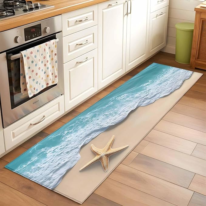 Runner Rug for Bedroom Hallway, Beach Starfish Teal Sea Water Kitchen Runner Rugs Area Rug 2x6ft, Summer Ocean Theme Washable Soft Floor Carpet for Entryway Stair