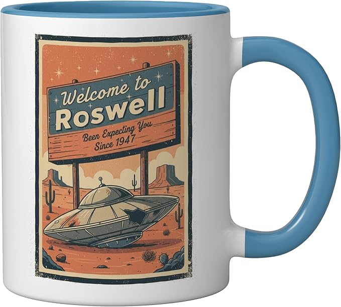 Roswell UFO Retro Tourism Souvenir Flying Saucer Crash Alien Ceramic Mug, Blue/White