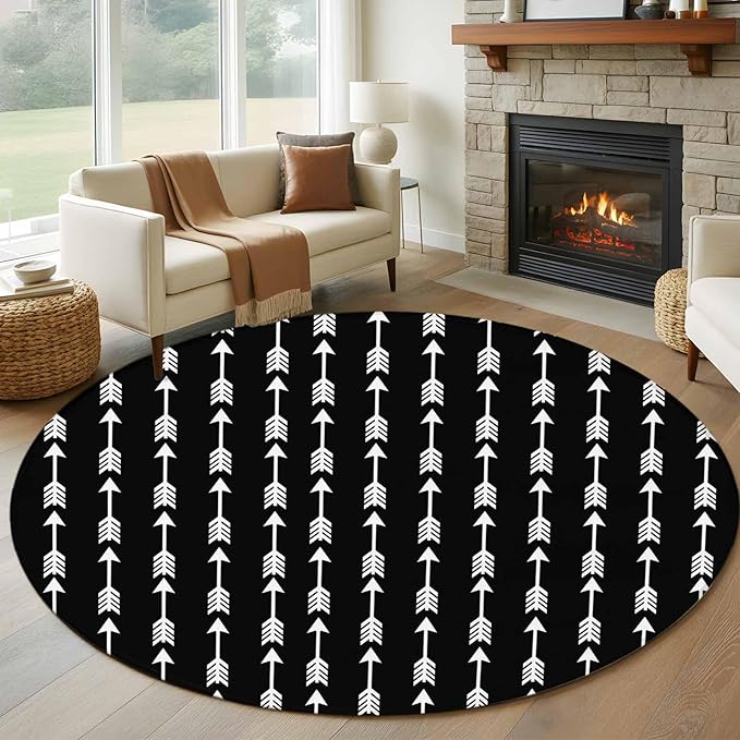 Washable Round Area Rug Tribal Style Arrows Pattern Circle Rugs Floor Carpet for Living Room Bedroom, Black Background Soft Non Slip Round Rug 5ft