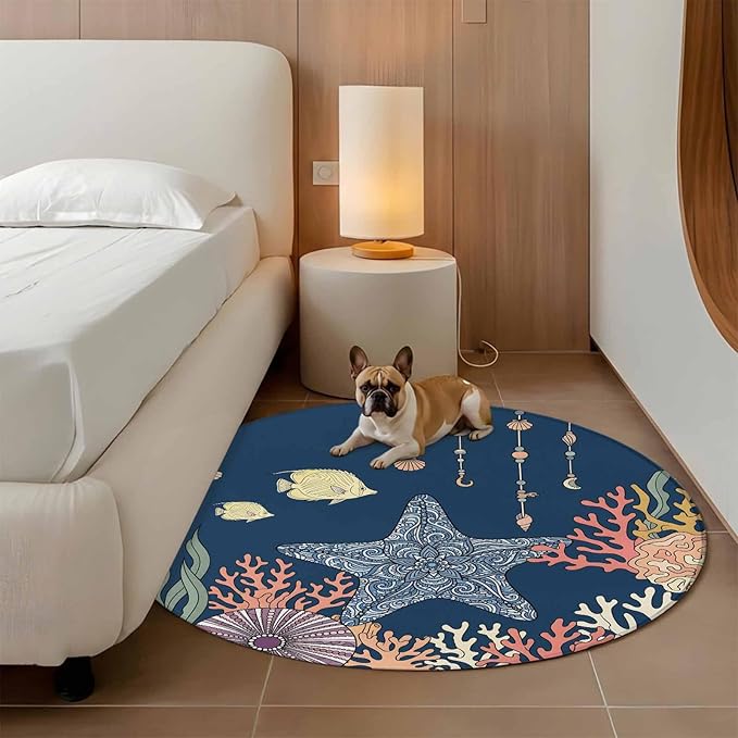 Washable Round Area Rug Ocean Starfish Coral Fish Circle Rugs Floor Carpet for Living Room Bedroom, Underwater Creature on Navy Blue Soft Non Slip Round Rug 3ft