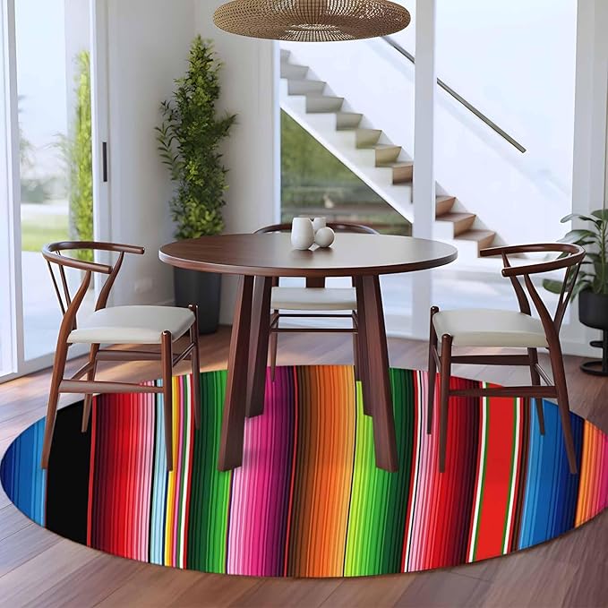 Washable Round Area Rug Mexico Art Colorful Stripes Circle Rugs Floor Carpet for Living Room Bedroom, Color Gradient Lines Soft Non Slip Round Rug 5ft