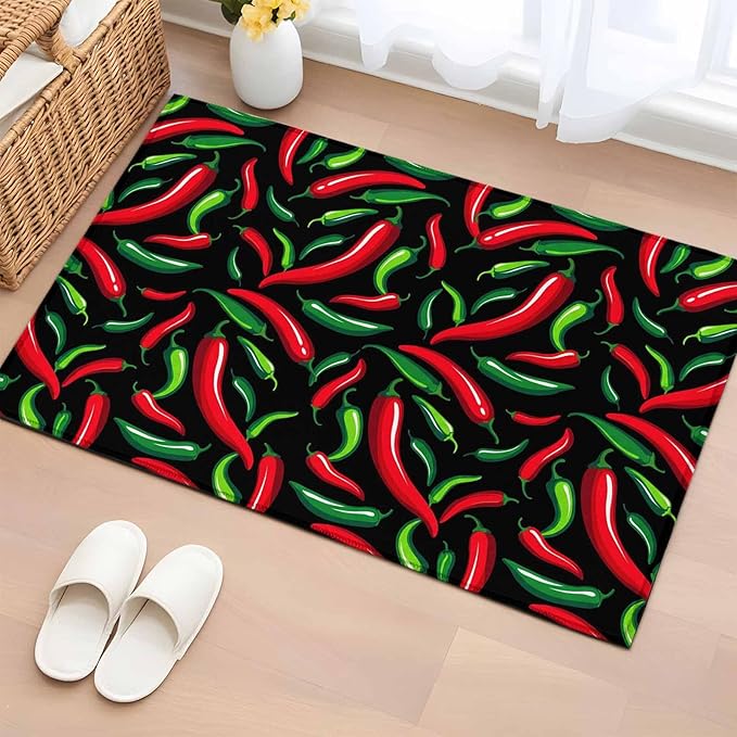 Area Rug 2x3ft, Spicy Chili Pepper Pattern Washable Rugs for Living Room Bedroom, Red Green Peppers on Black Soft Non-Slip Area Rugs Rectangle Floor Carpet for Dining Room