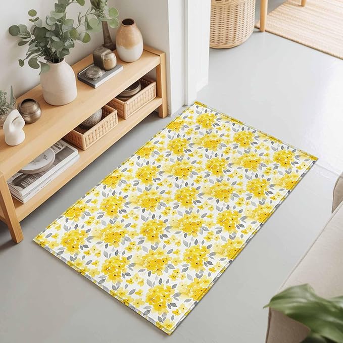 Area Rug 2x3ft, Summer Pastoral Yellow Flower Washable Rugs for Living Room Bedroom, Country Floral Leaf Theme Soft Non-Slip Area Rugs Rectangle Floor Carpet for Dining Room