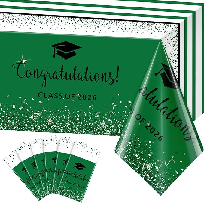 6 Pack Class of 2026 Graduation Tablecloths,Foil Dot Plastic Disposable Rectangle Table Covers for 2026 High School University College Graduation Party Decorations,108*54 Inch (Green and Black)