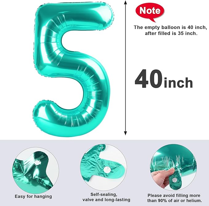 Balloon Numbers 40 Inch 5 Ballon for 5th Birthday Decorations, 15 25 35 50 Big Blue-green Number Balloons for Wedding Photo Shoot Party Decor