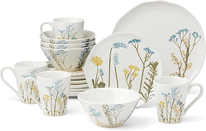 Lenox Dinnerware Sets, Wildflowers 16-Piece Dinnerware Set, Service For 4, Stoneware Material, Dishwasher Safe, Microwave Safe, Bowls, Plates And Bowls, Dinner Dishes, Includes Mugs (White, 16 Piece)