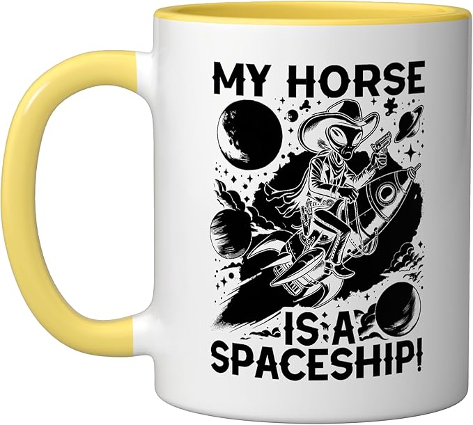 Alien Lover Flying Saucer UFO Extraterrestrial Cowboy Ceramic Mug, Yellow/White