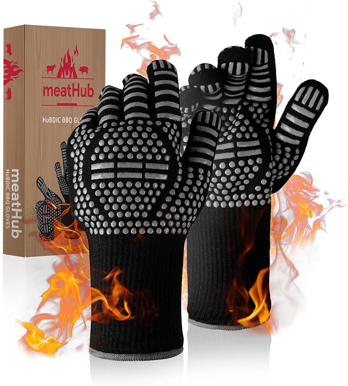 BBQ Gloves Heat and Flame Resistant Protection - Oven and Grill Gloves Hand Protection, Extended Wrist for Addtional Safety, Ideal for Outdoor Cooking, Grilling, Barbeque and Campfire (Grey)