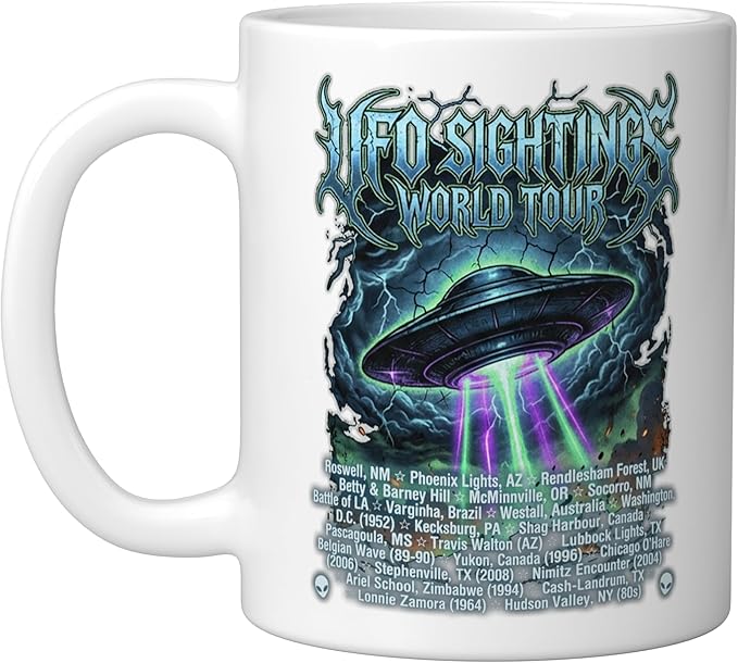Vintage UFO Sightings World-Tour Cool-Looking Heavy-Metal Ceramic Mug, White
