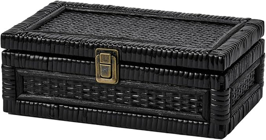 Rattan Box with Lid Decorative Natural Handmade Boho Rattan Baskets Woven Wicker Cane Bins Keepsake Memory Jewelry Boxes Rectangular Desk Shelf Closet Organizer Container (Black, Small)