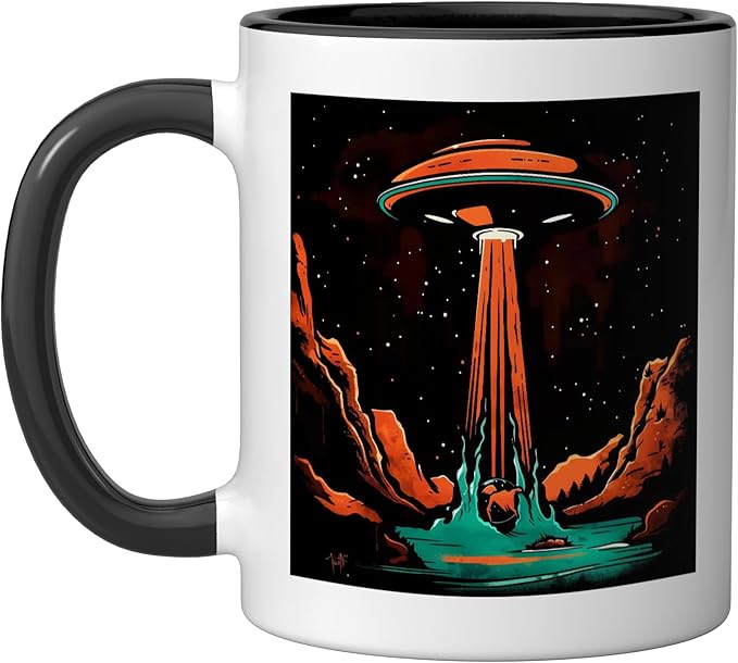 Aliens Abducting people into Flying UFO Saucer Abduction Ceramic Mug, Black/White
