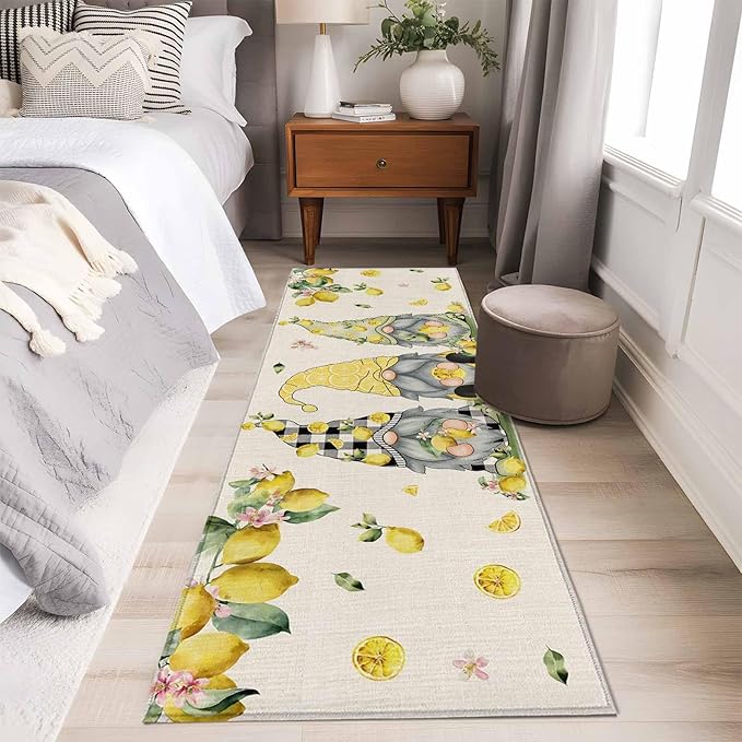 Runner Rug for Bedroom Hallway, Summer Gnome with Lemon Kitchen Runner Rugs Area Rug 2x6ft, Farmhouse Dwarf Fruit on Linen Washable Soft Floor Carpet for Entryway Stair