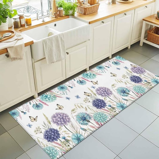 Runner Rug for Bedroom Hallway, Spring Flower Thistle Hydrangea Kitchen Runner Rugs Area Rug 2x6ft, Wild Garden Floral Butterfly Washable Soft Floor Carpet for Entryway Stair
