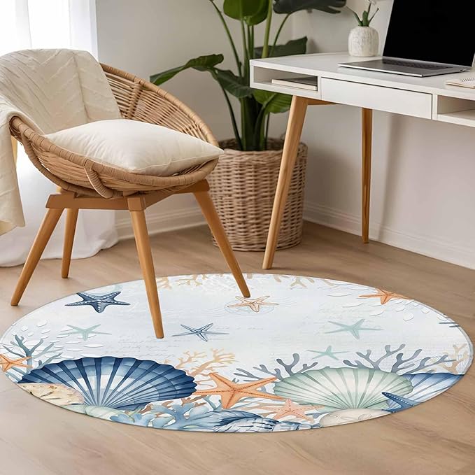 Washable Round Area Rug Underwater Shells Starfish on Blue Circle Rugs Floor Carpet for Living Room Bedroom, Colorful Coral Soft Non Slip Round Rug 3ft